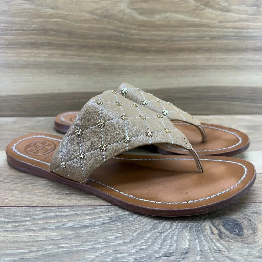 Tory Burch Quilted Mini Studded Sandals 7 M Camel Leather Vacation Travel Preppy